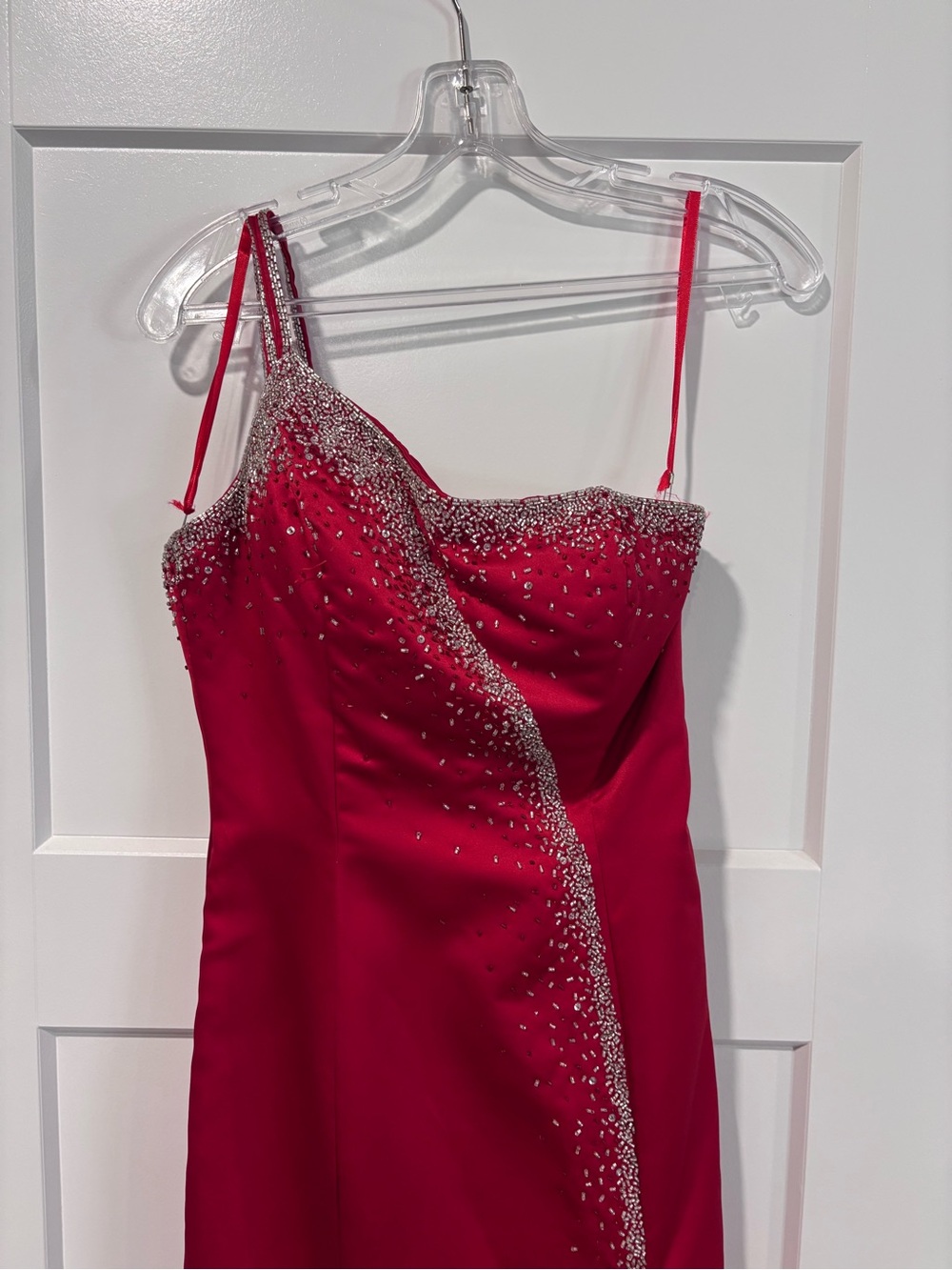 Red Beaded Spaghetti-Strap Evening Dress